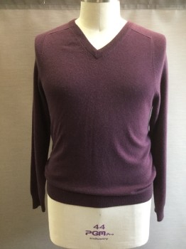 Mens, Pullover Sweater, COOP BARNEY'S, Aubergine Purple, Cashmere, Solid, XL, L/S, Ribbed Knit V-neck/Cuff/Waistband, Angular Raglan Shoulder