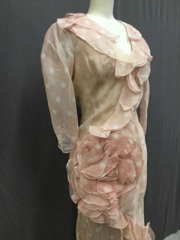 M.T.O., Peach Orange, White, Silk, Polka Dots, Dusty Peach With White Polka Dots Sheer Organza Polka Dot Self Ruffled Bias Cut Dress, Asymmetrical Hemline, 3/4 Sleeves, With Self Applique Rose At Side Front, Mid Length Dress. Slip Not Included. 1930s