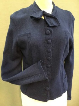 Womens, Sweater, MTO, Navy Blue, Wool, Solid, 28, 34, Round Neck with Bow Tie Attached, Self Covered Buttons, 2 Bottle Shaped Appliquéd Pockets, Long Sleeves, Double, Cardigan