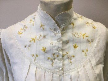 N/L, Cream, Yellow, Linen, Solid, Loose Fitting Blouse with Long Sleeves, Collar Band & Button Front, Yellow Floral Embroidered Yoke Front and Back & Cuff Detail. Small Stain at Center Back,