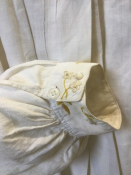 N/L, Cream, Yellow, Linen, Solid, Loose Fitting Blouse with Long Sleeves, Collar Band & Button Front, Yellow Floral Embroidered Yoke Front and Back & Cuff Detail. Small Stain at Center Back,