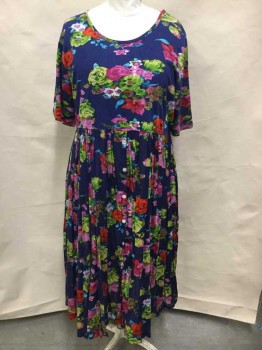 LA CERA , Dk Blue, Fuchsia Pink, Lime Green, Red, Turquoise Blue, Cotton, Floral, Jersey Bodice, Plain Weave Batiste Skirt (Same Pattern On Both), Short Sleeve,  Scoop Neck, Empire Waist, Gathered Waist, White Buttons From Waist To Hem At Center Front, Ankle Length Hem,