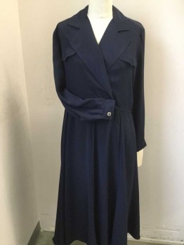 ANDREA GAYLE, Navy Blue, Polyester, Solid, Large Overlap Notched Lapel, 2 Pocket Flaps, Long Sleeves, 8 Panel Flair Bottom Skirt, NO BELT,