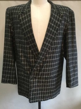 SHANG HAI, Black, Lt Gray, Wool, Viscose, Grid , Double Breasted, Small Peak Lapel, 2 Welt Pockets. Black Lining, Retro 1950's Look, is Actually 1980's
