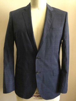 Mens, Sportcoat/Blazer, HUGO BOSS, Navy Blue, Gray, Wool, Plaid, 44R, Single Breasted, Collar Attached, Notched Lapel, Hand Picked Collar/Lapel, 3 Pockets, 2 Buttons