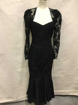 Womens, Cocktail Dress, Miss Ashlee, Black, Lace, Acetate, Floral, 8, Long Sleeves, Sweet Heart Neck, Cutout Back, 3 Buttons Back Of Neck, Zip Back, Gathered Shoulders, Solid Black Ruffle Hem