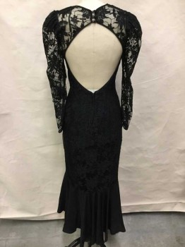 Womens, Cocktail Dress, Miss Ashlee, Black, Lace, Acetate, Floral, 8, Long Sleeves, Sweet Heart Neck, Cutout Back, 3 Buttons Back Of Neck, Zip Back, Gathered Shoulders, Solid Black Ruffle Hem