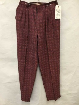 Mens, Slacks, TOUCH USA, Red, Rose Pink, Black, Abstract , 33, 27, Woven "W" Shapes, Pleated, Cuffed,