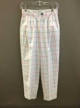 N/L, White, Turquoise Blue, Hot Pink, Cotton, Plaid - Tattersall, Front Pleats, Wide Geometric Button Tab, High Waisted, Tapered Leg, Zip Fly