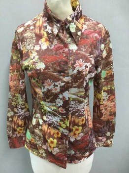 BODIN KNITS, Multi-color, Polyester, Floral, Photo Realistic Flowers/Garden Pattern, Long Sleeve Button Front, Collar Attached,