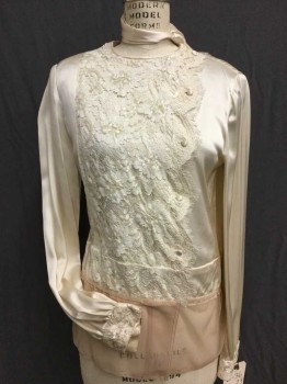 N/L, Cream, Silk, Solid, Round Neck, Floral Cream Lace/sequins Applicate Center Front, Offside Button Front, Long Sleeves W/matching Lace Cuffs, W/DETACHED Matching Cream Silk NeckTie