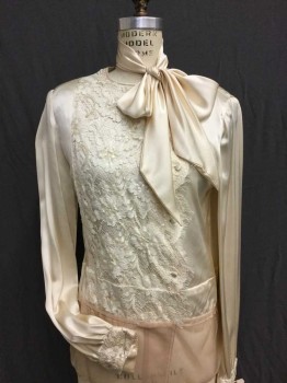 N/L, Cream, Silk, Solid, Round Neck, Floral Cream Lace/sequins Applicate Center Front, Offside Button Front, Long Sleeves W/matching Lace Cuffs, W/DETACHED Matching Cream Silk NeckTie