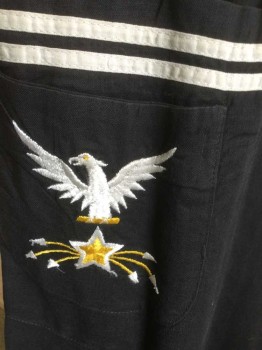 SAILING BLUES, Black, White, Yellow, Cotton, Solid, Novelty Pattern, Sleeveless, Scoop Neck, 2 White Stripes at Neckline, 2 White Stripes at One Patch Pocket at Hip, with White and Yellow Patriotic/Military Inspired Eagle and Star Embroidery, A-Line Fit with Gathers at Either Side of Waist, Zipper at Side Seam, Hem Below Knee,