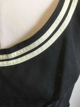 SAILING BLUES, Black, White, Yellow, Cotton, Solid, Novelty Pattern, Sleeveless, Scoop Neck, 2 White Stripes at Neckline, 2 White Stripes at One Patch Pocket at Hip, with White and Yellow Patriotic/Military Inspired Eagle and Star Embroidery, A-Line Fit with Gathers at Either Side of Waist, Zipper at Side Seam, Hem Below Knee,