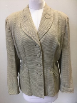 Womens, Blazer, WOMAN CRAFT, Taupe, Yellow, Cotton, Silk, Check , 12, B:44, Yellow and Taupe Busy Check, Shawl Lapel with Self Looped Trim/Applique, 4 Self Fabric Covered Buttons, Shoulder Pads, 2 Slanted Hip Pockets with Similar Looped Detail to Collar, Goldenrod Silk Lining,