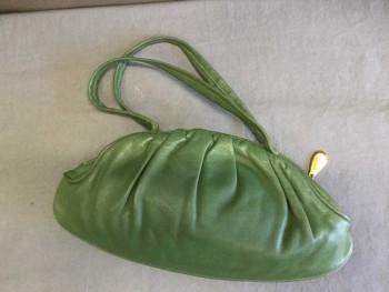 Womens, Purse, N/L, Green, Leather, Solid, Oval Shape, Gathered, Zip Closure, 2 Hand Straps