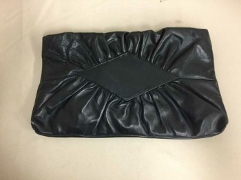 N/L, Midnight Blue, Leather, Solid, Clutch Purse, Zip Closure, Diamond Front with Gathers