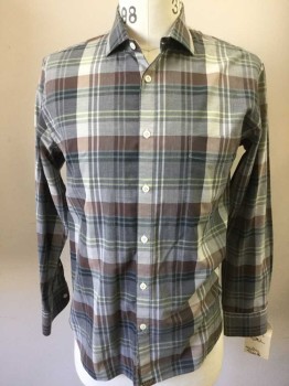 Mens, Casual Shirt, BILLY REID, Gray, Lt Gray, Brown, Forest Green, Lime Green, Cotton, Plaid, M, Button Front, Long Sleeves, Collar Attached, 1 Pocket