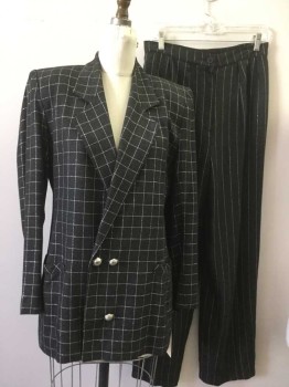 Womens, 1980s Vintage, Suit, Jacket, NOVIELLO BLOOM, Charcoal Gray, Silver, Rayon, Acetate, Grid , B 36, 6, W 29, Double Breasted, 4 Buttons, Notched Lapel, 2 Pockets,  Long Length