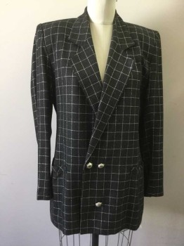 Womens, 1980s Vintage, Suit, Jacket, NOVIELLO BLOOM, Charcoal Gray, Silver, Rayon, Acetate, Grid , B 36, 6, W 29, Double Breasted, 4 Buttons, Notched Lapel, 2 Pockets,  Long Length
