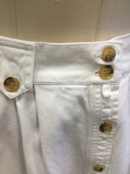 ALLISON SMITH, White, Cotton, Solid, Denim, Elastic Waist in Back, 2" Self Waistband in Front, Tortoise Shell Brown Button Closures From Center Front Waist to Hem, Button Accents on Belt Loops, 3 Pockets, Hem Mid-calf,