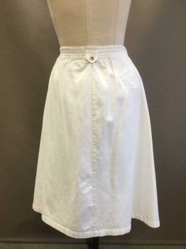 Womens, Skirt, ALLISON SMITH, White, Cotton, Solid, W:31-2, 8P, Denim, Elastic Waist in Back, 2" Self Waistband in Front, Tortoise Shell Brown Button Closures From Center Front Waist to Hem, Button Accents on Belt Loops, 3 Pockets, Hem Mid-calf,
