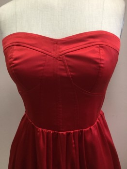 GUESS, Red, Silk, Solid, Red, Strapless, Bone Bodice, Gathered Bias Cut Skirt, Smocking Panel, Zip Back,