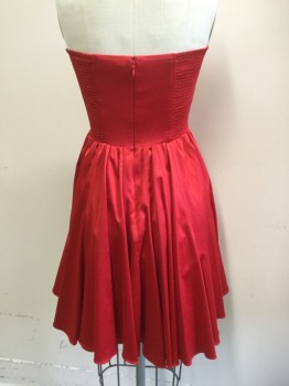GUESS, Red, Silk, Solid, Red, Strapless, Bone Bodice, Gathered Bias Cut Skirt, Smocking Panel, Zip Back,