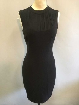 Womens, Dress, Sleeveless, L'AGENCE, Black, Polyester, Cotton, Solid, XS, Sleeveless, Pleated Chiffon Panel at Neck, Round Neck, Sheath, Hem Above Knee,  Invisible Zipper at Center Back
