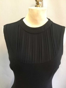 Womens, Dress, Sleeveless, L'AGENCE, Black, Polyester, Cotton, Solid, XS, Sleeveless, Pleated Chiffon Panel at Neck, Round Neck, Sheath, Hem Above Knee,  Invisible Zipper at Center Back