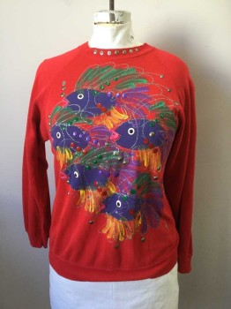 Womens, Sweatshirt, HANES, Red, Purple, Green, Gold, Yellow, Cotton, Acrylic, Novelty Pattern, L, Red Sweatshirt with Multicolor Puffy Paint Fish, Long Sleeves, Raglan Sleeve, Ribbed Knit Crew Neck with Puffy Paint Dots, Ribbed Knit Waistband/Cuffs