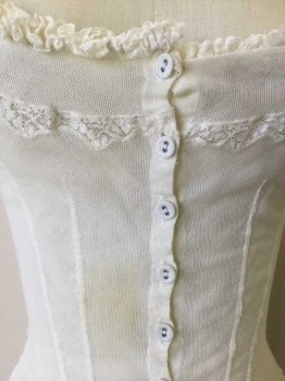 NL, Cream, Poly/Cotton, Solid, Floral, Micro Fishnet Knit, Ruffled Lace Trim at Scoop Neckline, Button Front, Darted . Lace Inlay at Yoke Line. Stain at Front Right, Stain and Repaired Hole at Upper Back Center.