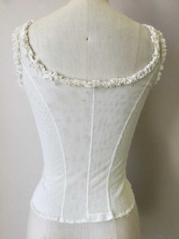 NL, Cream, Poly/Cotton, Solid, Floral, Micro Fishnet Knit, Ruffled Lace Trim at Scoop Neckline, Button Front, Darted . Lace Inlay at Yoke Line. Stain at Front Right, Stain and Repaired Hole at Upper Back Center.