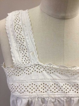 NL, White, Cotton, Solid, Chemise. Square Neckline with Eyelet Lace Trim, 2" Shoulder Straps. Drawstring, Embroidered on Left Bust. Hole for Drawstring at Waist But No Drawstring. Very Few Stains
