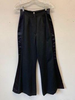 Womens, 1980s Vintage, Suit, Pants, NO LABEL, Black, Wool, Synthetic, Solid, W:24, Tuxedo Pants, High Waist, Very Wide Flared Bell Bottom Legs, Satin Panel At Sides, Zip Fly,