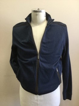 Mens, Casual Jacket, BUGATTI, Navy Blue, Tobacco Brown, Cotton, Leather, Solid, L, Jersey Knit, Zip Front with Leather Piping Detail, Zip Front, Knit Collar Band, Cuff & Waist