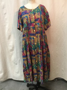 JENNIFER MOORE , Teal Blue, Raspberry Pink, Green, Purple, Tan Brown, Rayon, Abstract , Floral, Button Front, Scoop Neck, Short Sleeves, 2 Pockets,