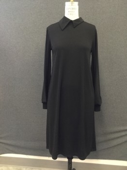 Womens, Dress, Long & 3/4 Sleeve, ZARA, Black, Polyester, Elastane, Solid, S, Pull On, Asymmetrical Collar Attached, Keyhole Button Loop Back Neck, Long Sleeves, Cuff with Open Slit, Gathered at Cuff with Folded Back Extra Fabric