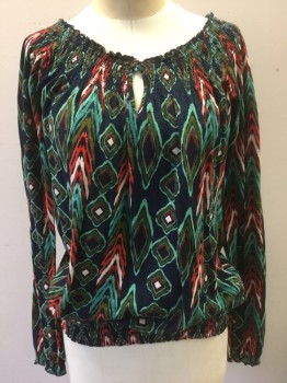 Womens, Top, LUCKY BRAND, Multi-color, Navy Blue, Teal Green, Red, Fuchsia Pink, Cotton, Geometric, Abstract , M, Navy with Abstract Teal/Red/White/Olive Diamonds/Etc., Jersey, Long Sleeves, Smocked Detail at Neckline, Waistband and Cuffs, Scoop Neck