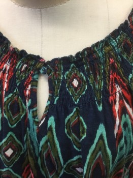 Womens, Top, LUCKY BRAND, Multi-color, Navy Blue, Teal Green, Red, Fuchsia Pink, Cotton, Geometric, Abstract , M, Navy with Abstract Teal/Red/White/Olive Diamonds/Etc., Jersey, Long Sleeves, Smocked Detail at Neckline, Waistband and Cuffs, Scoop Neck