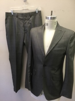 BILLY LONDON, Gray, Polyester, Rayon, Grid , Self Grid Lines Pattern, Single Breasted, Peaked Lapel, 2 Buttons, 3 Pockets, Navy Houndstooth Lining