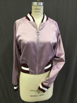 Womens, Casual Jacket, FOREVER 21, Lavender Purple, White, Plum Purple, Polyester, Solid, S, Poly Satin Lavender Jacket with White & Plum Stripe Ribb Knit Cuffs, Waist & Collar Band, Zip Front