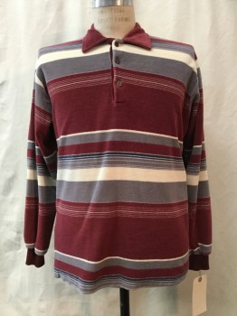 CAMPUS, Maroon Red, Ivory White, Gray, Navy Blue, Cotton, Stripes - Horizontal , Stripped Velour, Collar Attached, Long Sleeves,