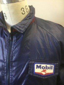 Mens, Windbreaker, DUNLOP, Navy Blue, Nylon, Solid, M, Zip Front, Stand Collar, Mobil Logo Patch on Chest, 2 Zip Pockets,