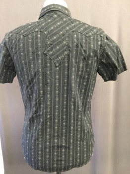 Mens, Western, NL, Black, Gray, Cotton, Stripes, 2 Color Weave, S, Collar Attached, Short Sleeves, Snap Front, Pocket Flap, Skull Print