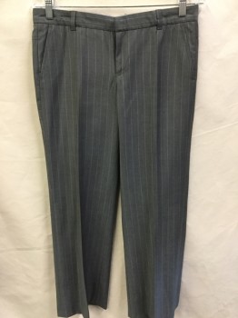 WILLIAM B., Gray, Baby Blue, Wool, Polyester, Stripes - Vertical , Pants, Gray with Fine Baby Blue Vertical Stripes, Flat Front, Zip Front, 4 Pockets