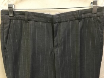 WILLIAM B., Gray, Baby Blue, Wool, Polyester, Stripes - Vertical , Pants, Gray with Fine Baby Blue Vertical Stripes, Flat Front, Zip Front, 4 Pockets