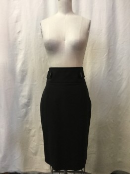 Womens, Skirt, Knee Length, CLASSIQUES, Black, Wool, Lycra, Solid, 2, Pencil Cut, Wide Waist Band with 2 Buttons at Side Front, 4 Pleats at Center Back Hemline, Zipper at Left Side Seam Waist