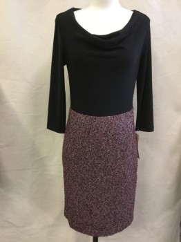 TALBOTS, Black, Magenta Purple, Black, White, Copper Metallic, Polyester, Solid, Tweed, Scoop Cowl Neck, Long Sleeves, Knit Top Attached to Straight Woven Skirt, Side Zipper, Below Knee