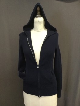 J CREW, Navy Blue, Cashmere, Solid, Zip Front Hoodie Cardiganm 2 Pockets